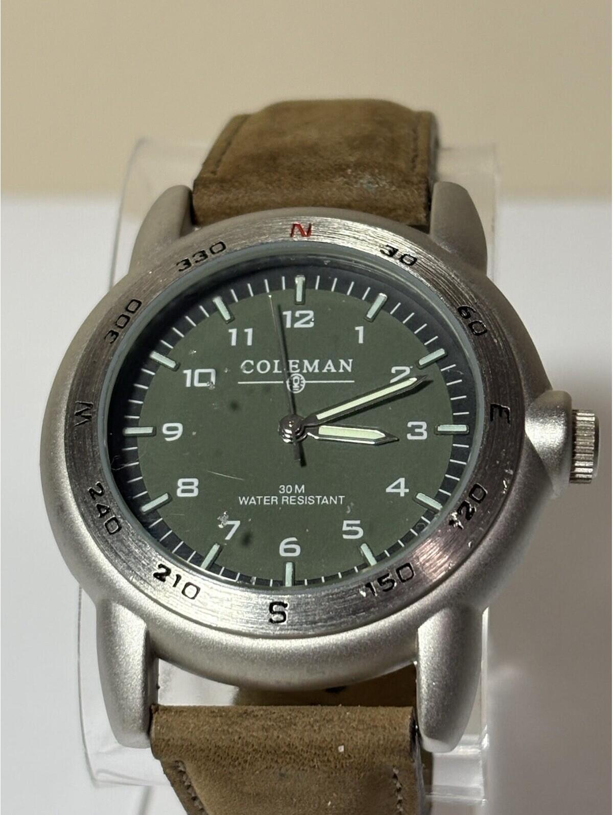 Rare Coleman Mens Watch 40mm Green Dial Silver Tone 40280 New Battery